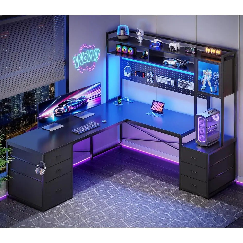 L-Shaped Gaming Desk with Drawers, Reversible, LED-lit, Black, for Dual Players with Power Outlets