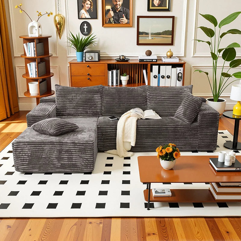 Corduroy L-Shaped Sofa Bed — Deep Seat, 105-Inch — Charcoal Gray | KIMLUD