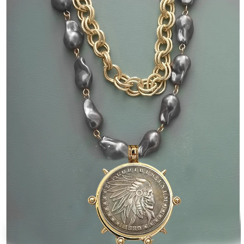 Choker Necklace - Coin Charm Pendant - Cubic Zirconia - Grey | KIMLUD