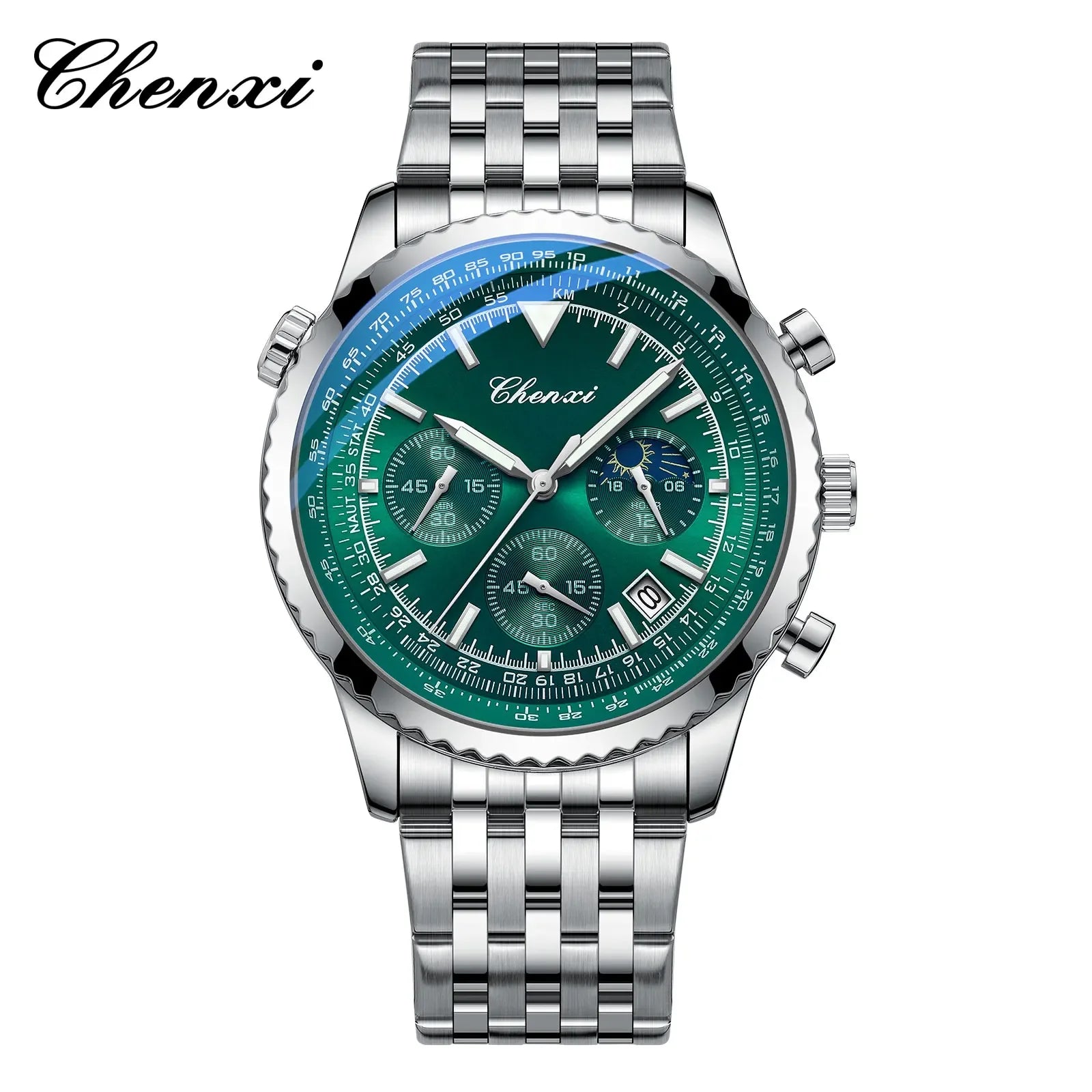 Luxury StopWatch Moon Phase Waterproof Male Clock Luminous Date Stainless Steel Square Quartz Men Watch reloj hombre