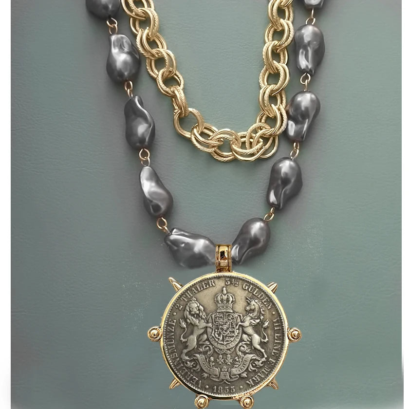 Choker Necklace - Coin Charm Pendant - Cubic Zirconia - Grey | KIMLUD