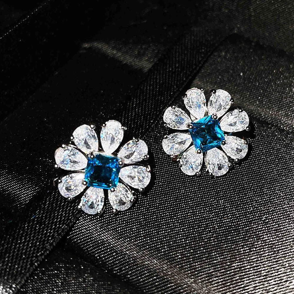 Sterling Silver Big Flower Stud Earrings Paraiba — Blue-Green | KIMLUD