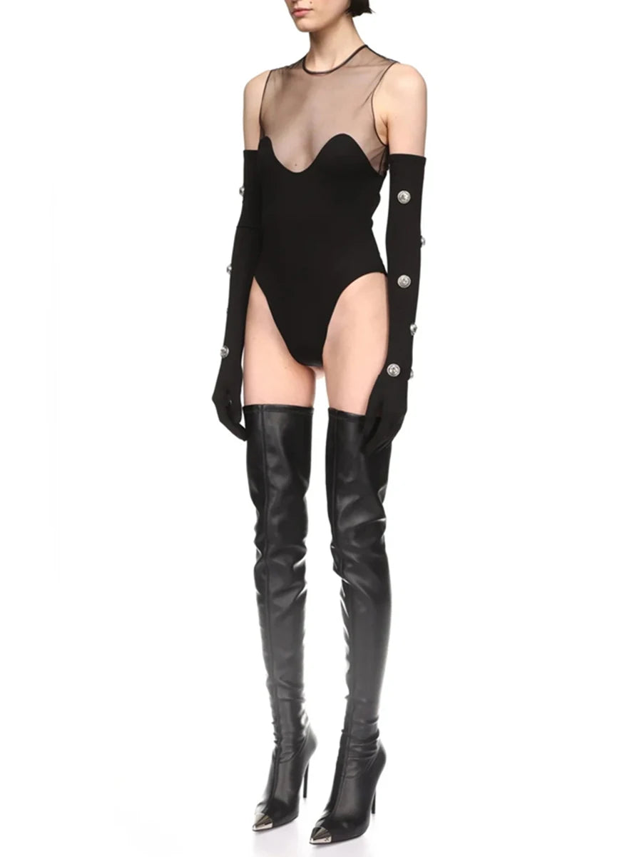 TWOTWINSTYLE Solid Spliced Mesh Slimming Jumpsuit For Women O Collar Sleeveless High Waist Minimalist Jumpsuits Female Fashion