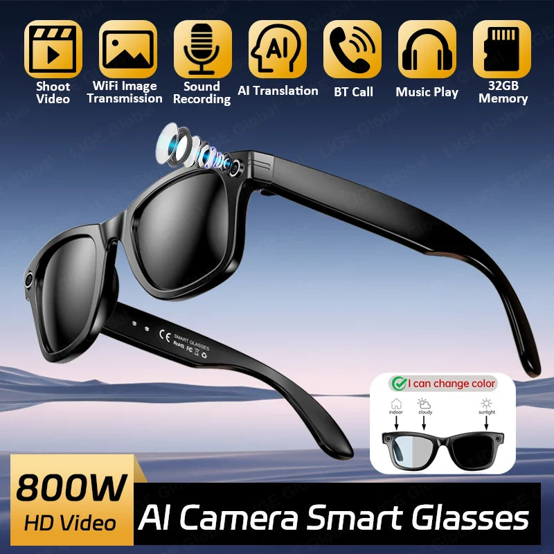 LIGE AI Smart Glasses 8MP HD Camera Video Bluetooth Call Intelligent Translation 270mAh Battery Voice Assistant Music Sunglasses