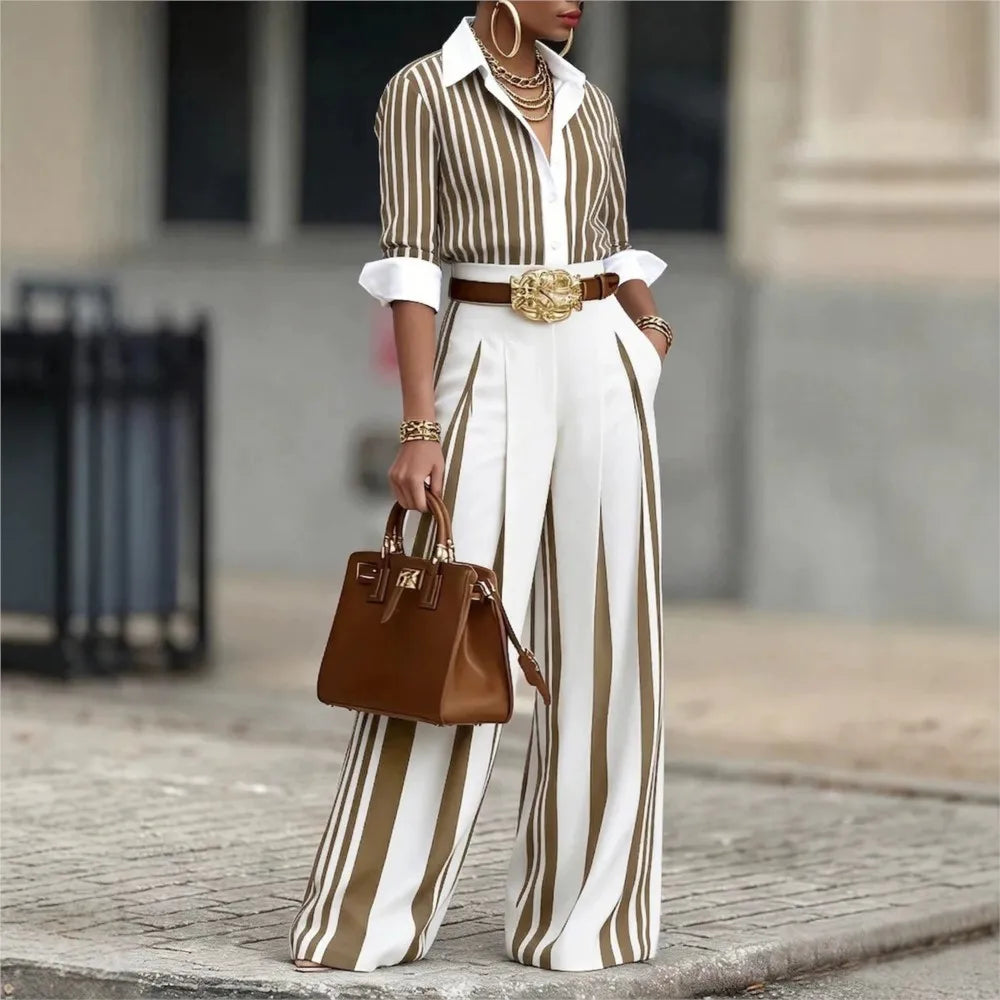 Silk Look Striped Two-Piece Set Belt — Black | KIMLUD