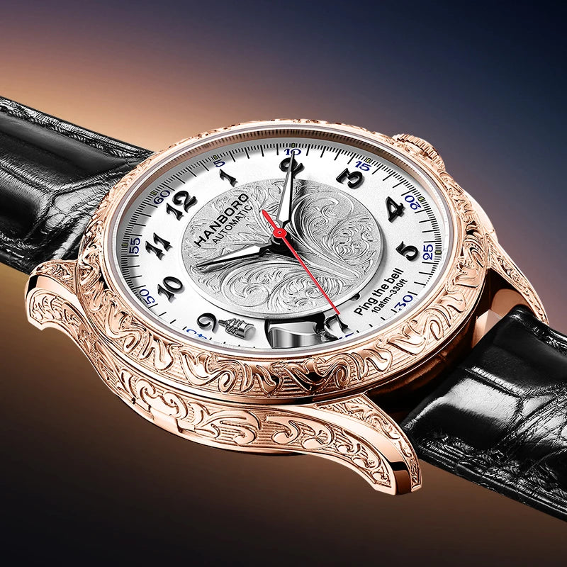 HANBORO Mechanical Alarm Watch Men Automatic Ping Bell Hourly Chime Luxury 100M Waterproof Sapphire Steel Business Unique
