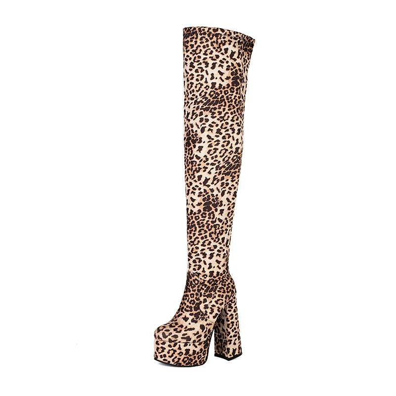 Over The Knee Boots – Leopard Print Velvet – Velvet – Leopard Print | KIMLUD