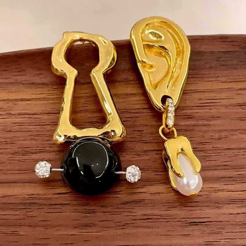 Asymmetrical Earrings Hollow Out Simulated Pearl — Pearl White | KIMLUD
