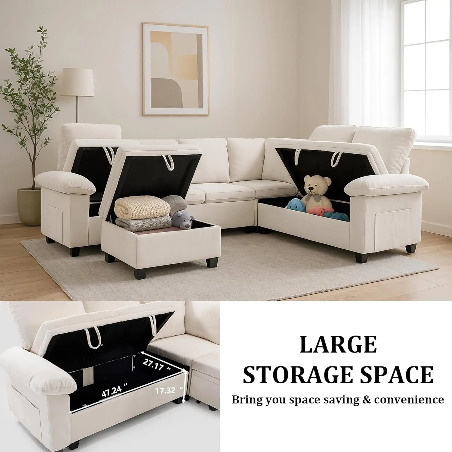 108in L-Shaped Sleeper Sectional Sofa Bed with Storage, Chenille, 5-Seat Modular for Living Room Apartment, Customized