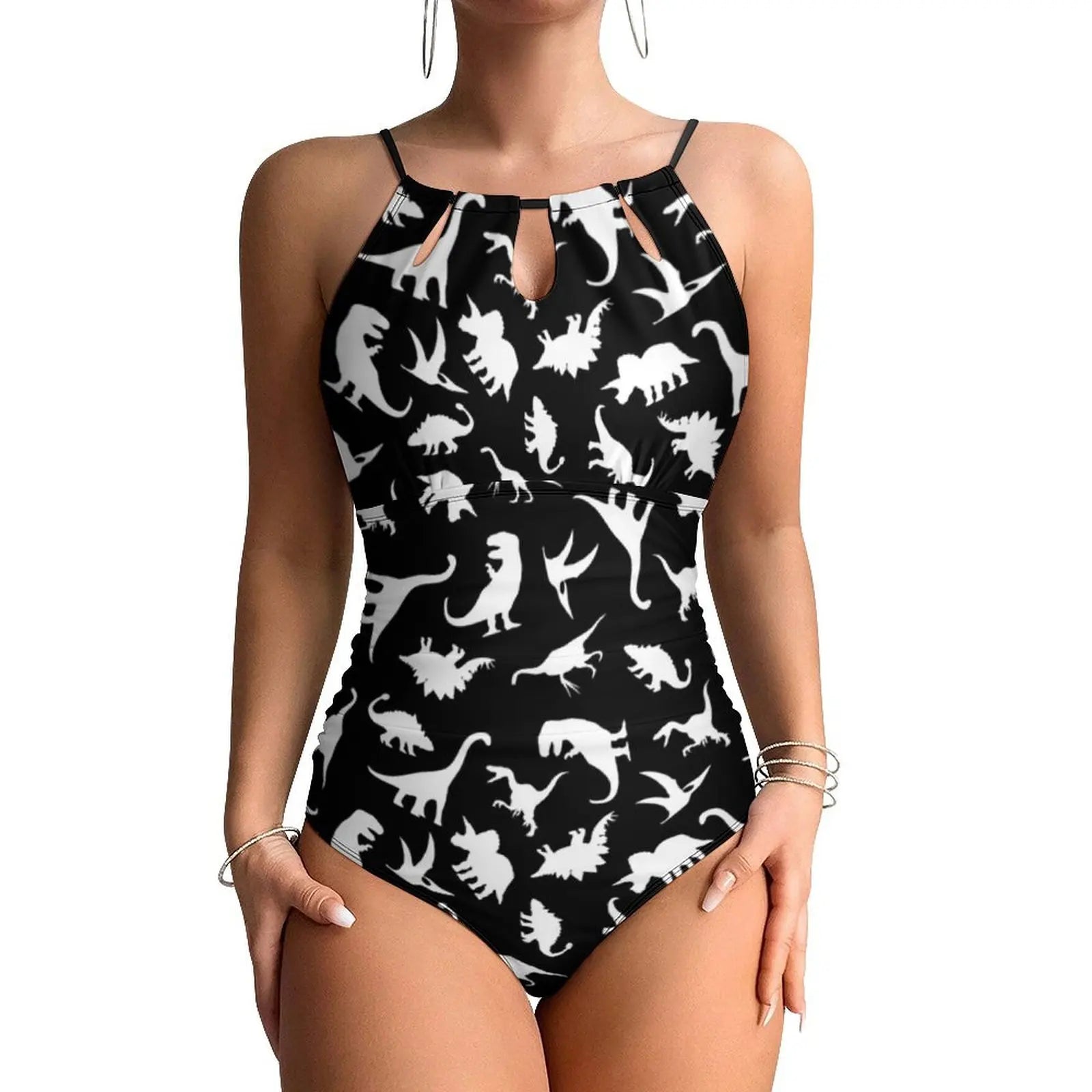 Halter One-Piece Swimsuit With Botanical Dinosaurs Print — Pastel Green | KIMLUD