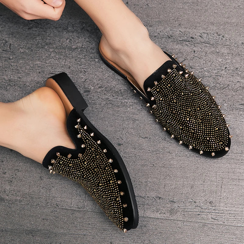 Patent Leather Mules With Gold Rivet Rhinestones And Punk Edge For Nightlife — Black | KIMLUD