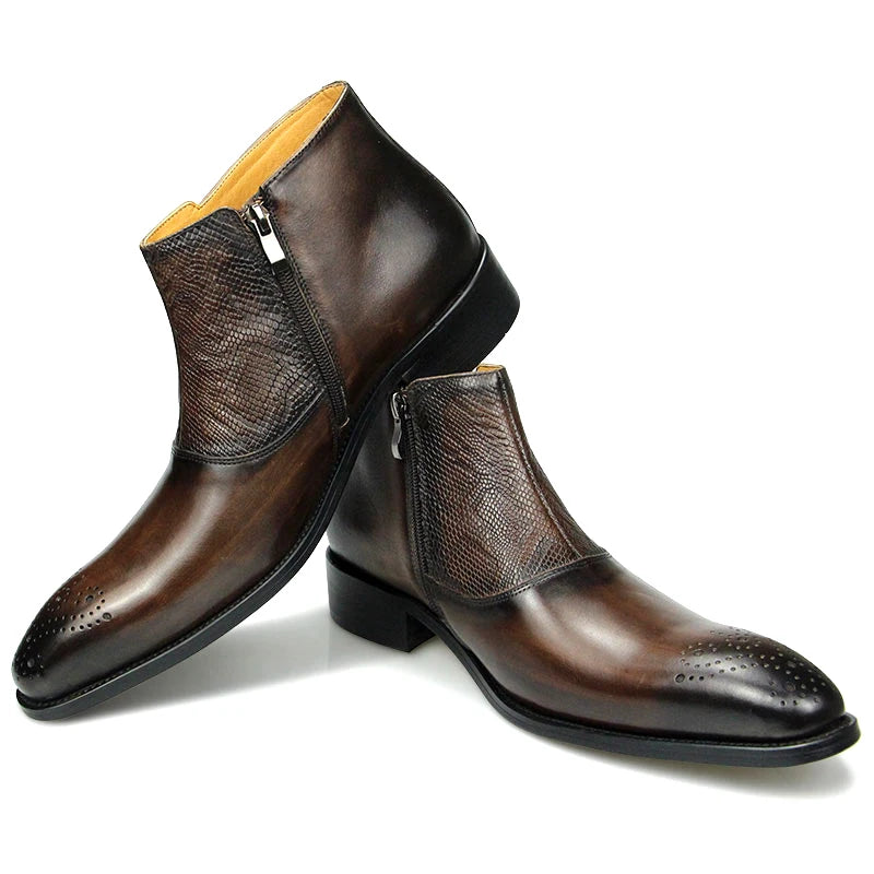 New Mens Ankle Leathe Shoes Zipper Luxury Boots Safety Formal Fashion Designer Shoes Big Size 39 To 46 Black & Coffee Cowhide