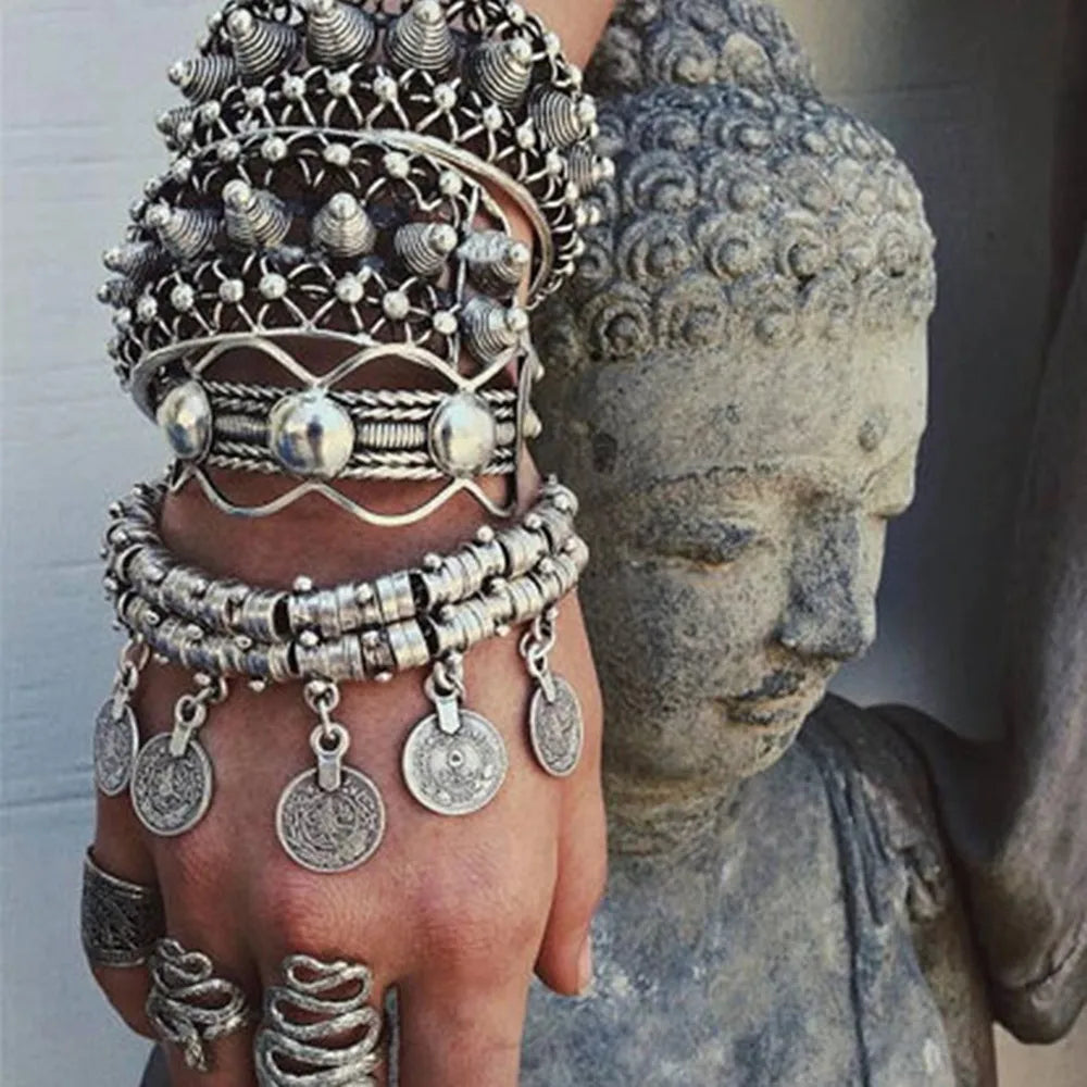 Bracelet – Bohemian Vintage Turkish Antalya Coin – Silver Plated – Silver | KIMLUD