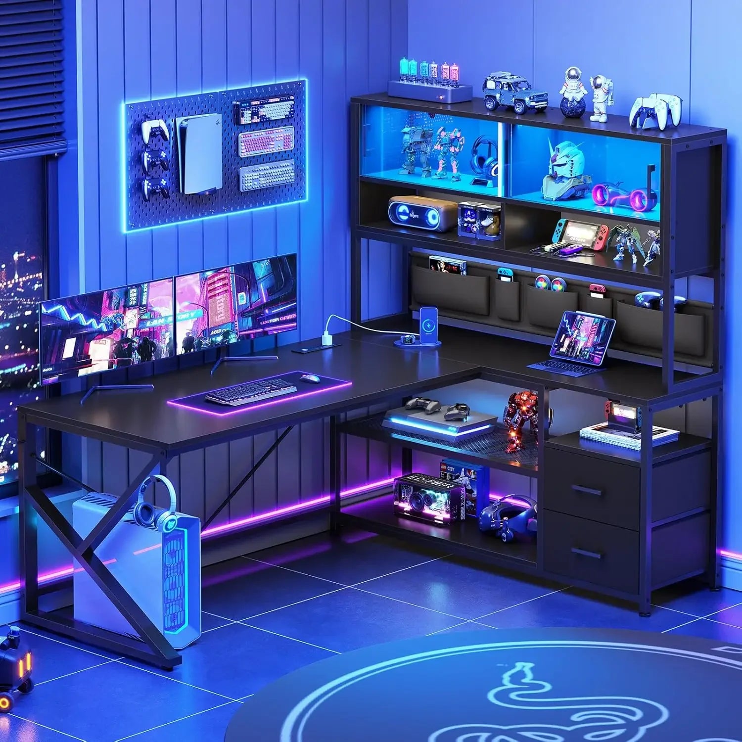 L Shaped Gaming Corner Desk with LED Light，L Shaped Gaming Desk, Home Office Computer Desk with 2 Drawer and Bookshelf