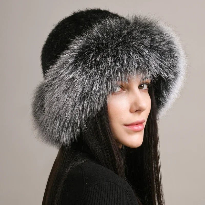 New Genuine Real Natural Knitted Mink Fur Hat Cap Luxury Women Handmade Knit Fashion Winter Headwear Warm Real Fox Fur Beanies