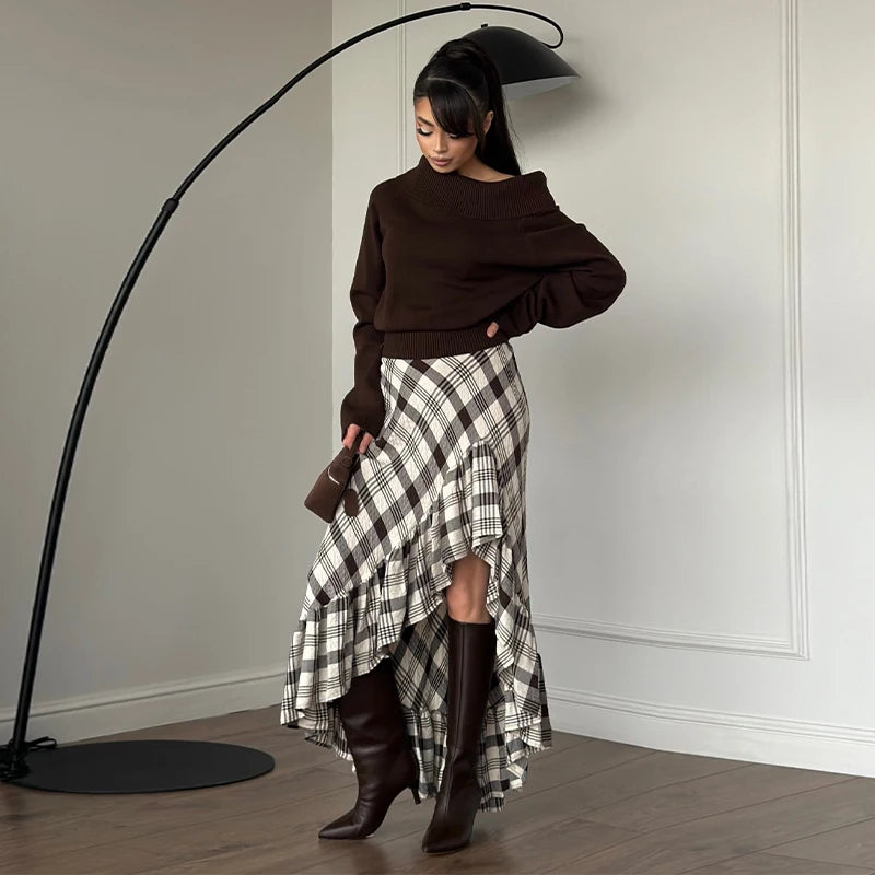 Fashion Black White Plaid Skirt Women Ruff Irregular High Waist Loose Skirts Female Spring New Chic Casual Holiday Streetwear