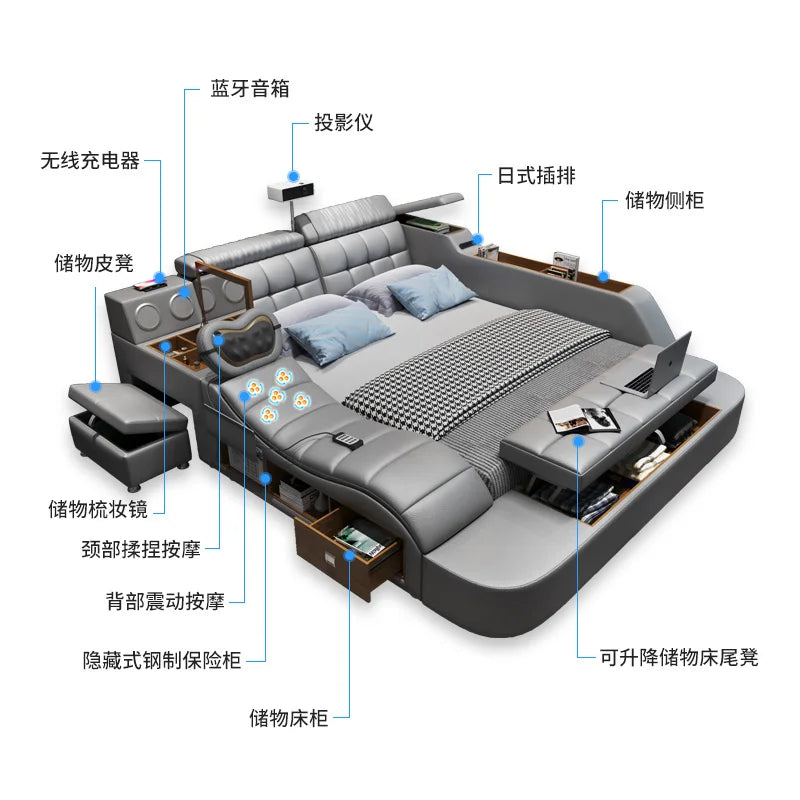 Multi functional intelligent massage tatami leather bed master bedroom double 2m bed wedding bed modern minimalist projector