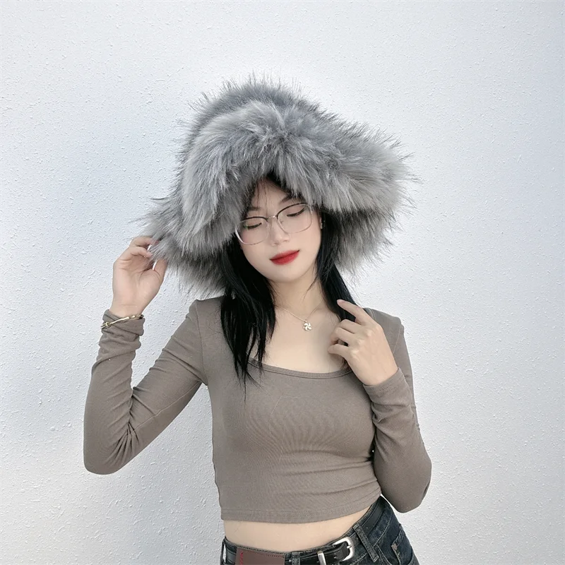 Winter Women Faux Fur Bucket Hat Warm Raccoon Fur Hat Oversize Outdoor Punk Hat Girl Fashion Long Fur Bucket Hat Furry Cute Cap - KIMLUD