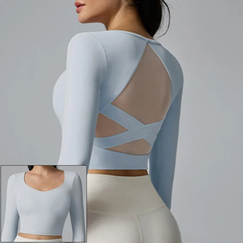 Yoga Shirt – Breathable – Long Sleeve Crop Top – Black | KIMLUD