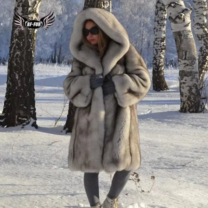 Fox Fur Coat – Hooded Full Pelt Fox Fur – Cotton Fabric | KIMLUD