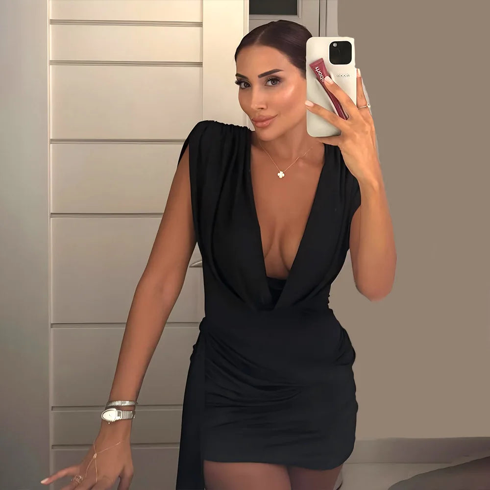 Sleeveless Deep V-Neck Dress – Asymmetrical Slim Silhouette – Polyester | KIMLUD