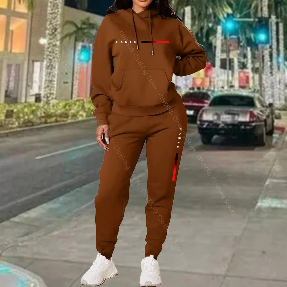 Paris Letter Print Hoodie and Pants Set — Cream | KIMLUD