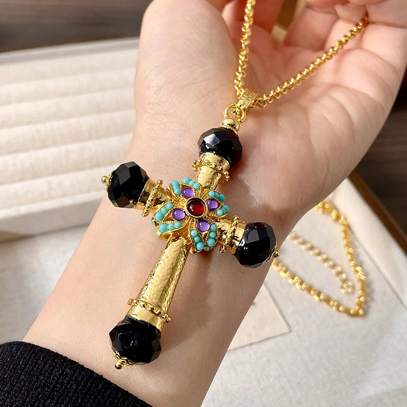 Crystal Cross Sweater Chain Necklace — Turquoise | KIMLUD