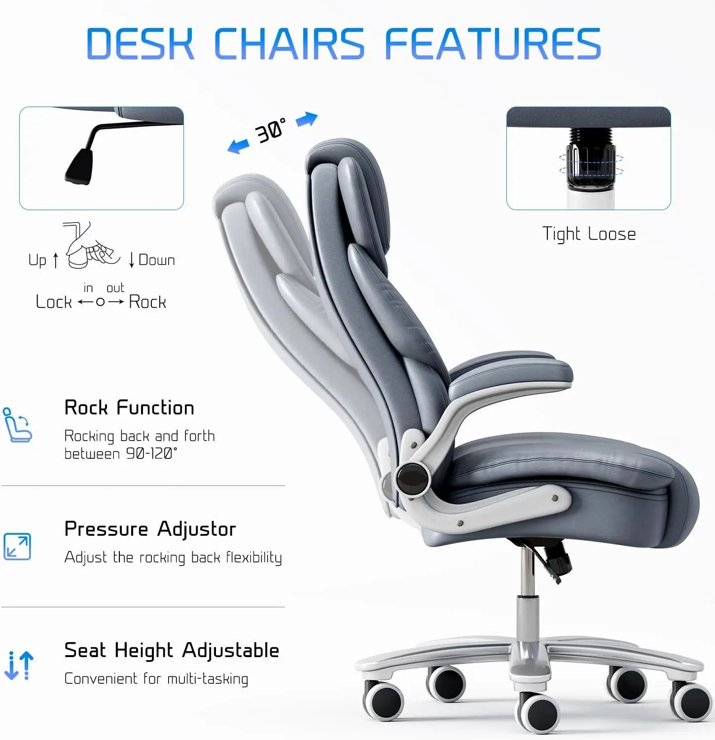 Office Chair 400lb Wide Seat, Ergonomic High Back Leather Executive Desk Chair with Flip-up Arms, Gray/Blue