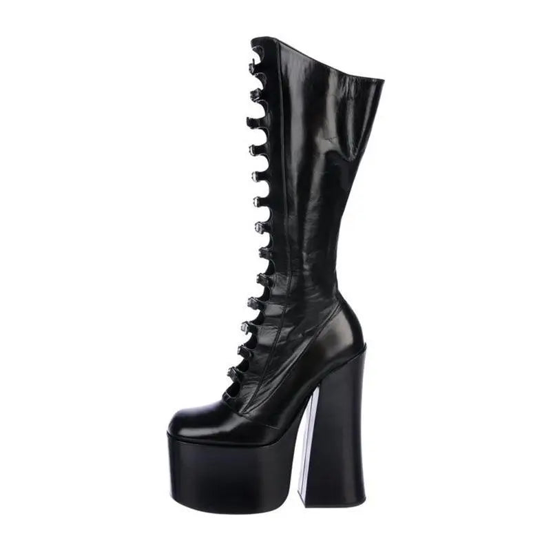PU Knee-High Boots Side Zipper Square Heel Platform — Black | KIMLUD