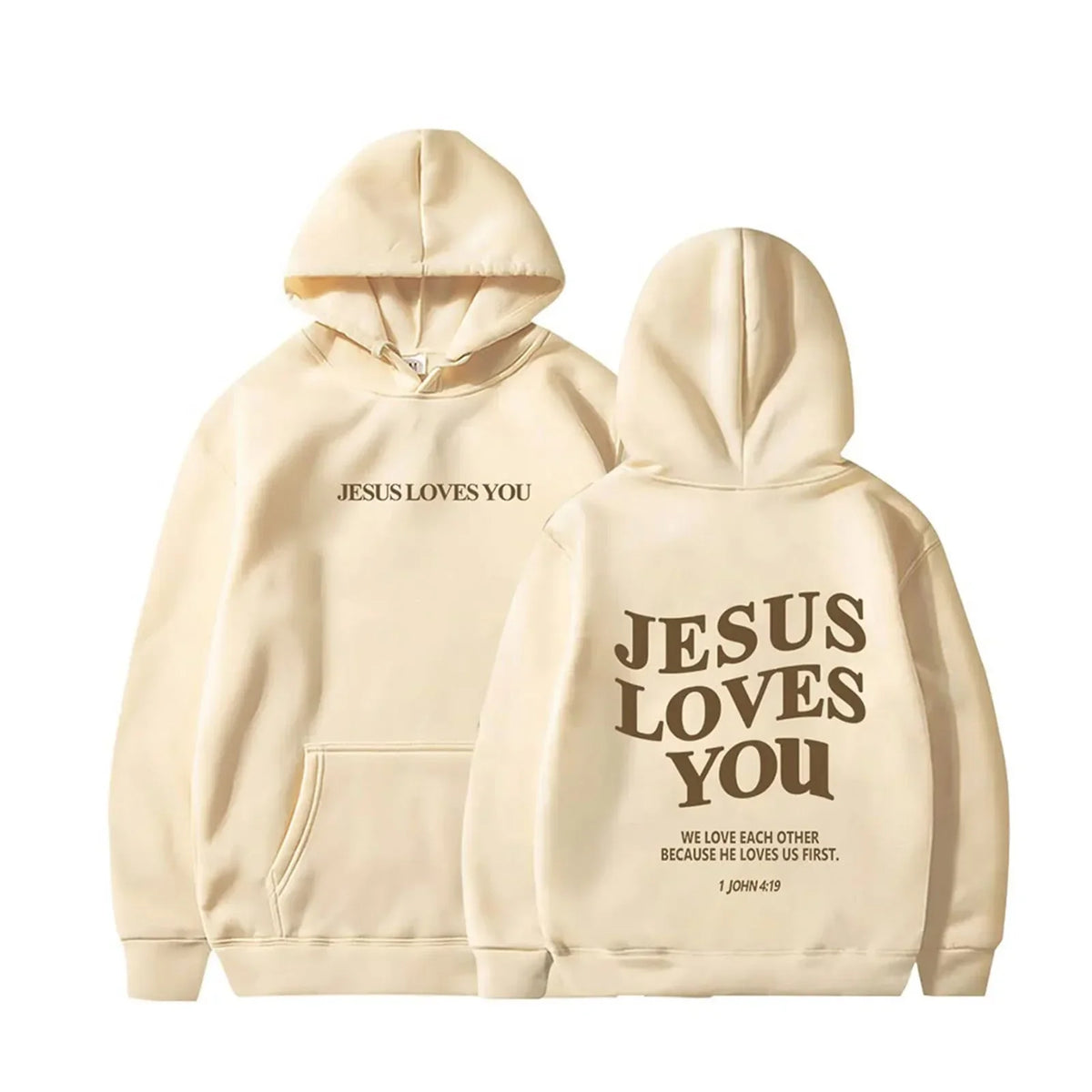 Pullover Hoodie - Jesus Loves You Print - Cotton-Polyester | KIMLUD