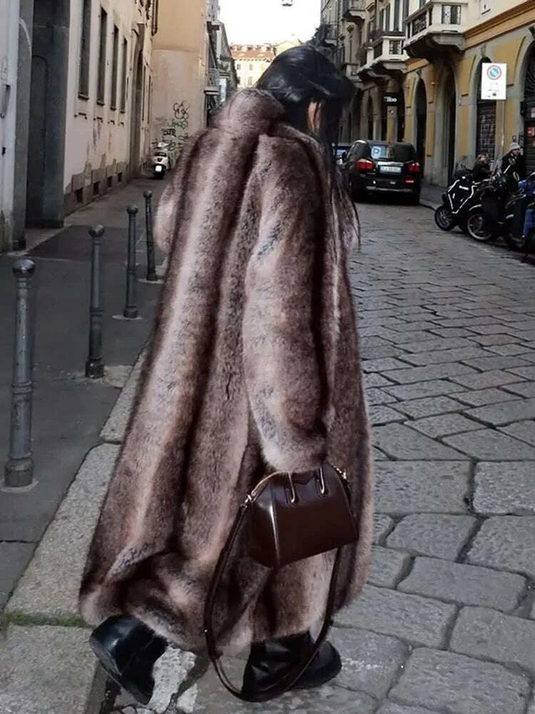 Fashion Brown Faux Fur Overcoat Women Luxury Lapel Long Sleeve Fluffy Coat 2025 Winter Female Thicken Warm High Street Outwear