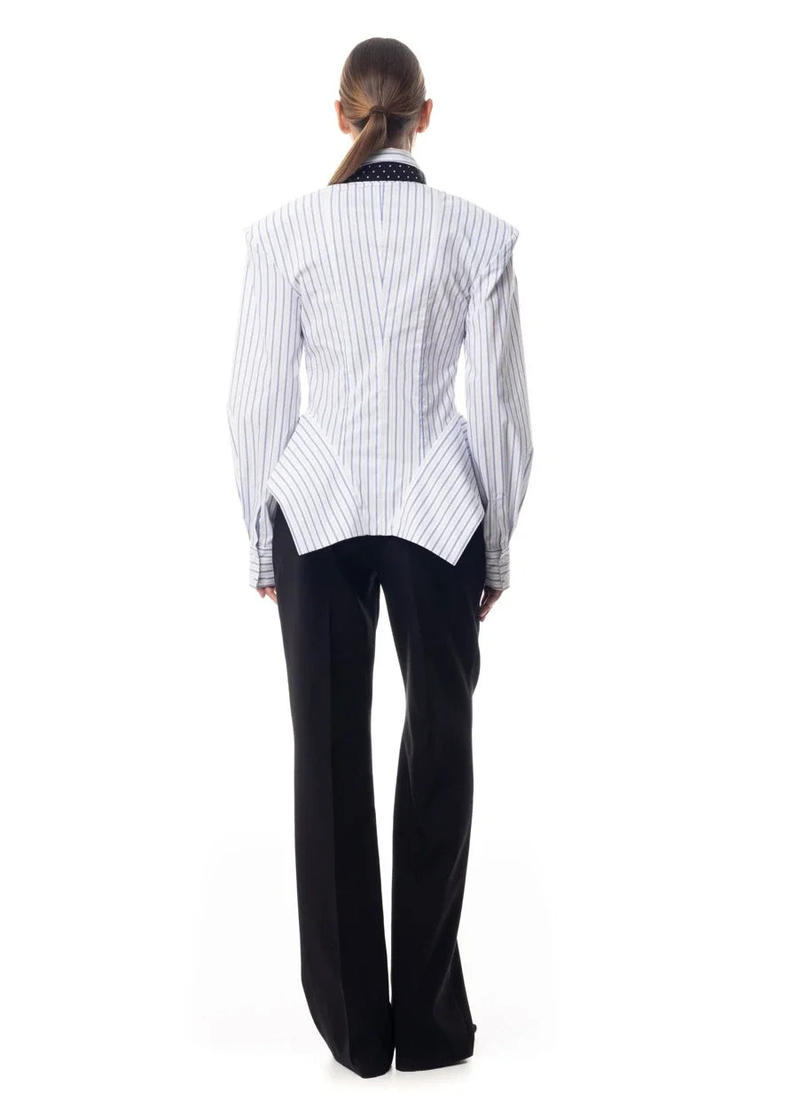 Collar Striped Shirt Asymmetrical Hem Cinched Waist — White | KIMLUD