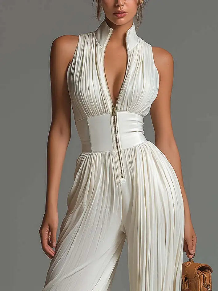 Spring Summer Women White Ruched Halter Jumpsuit Playsuit Wide Leg Romper