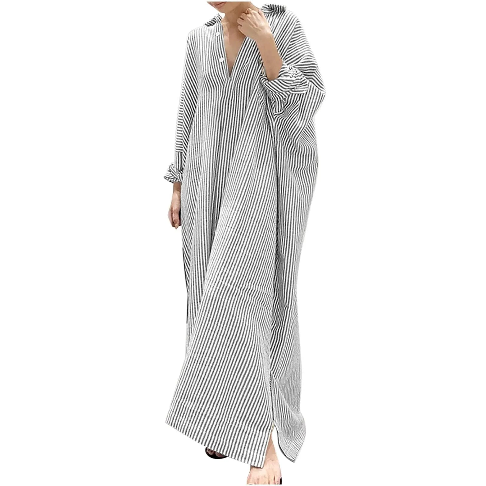 Cotton Maxi Dress Striped — Red and White | KIMLUD