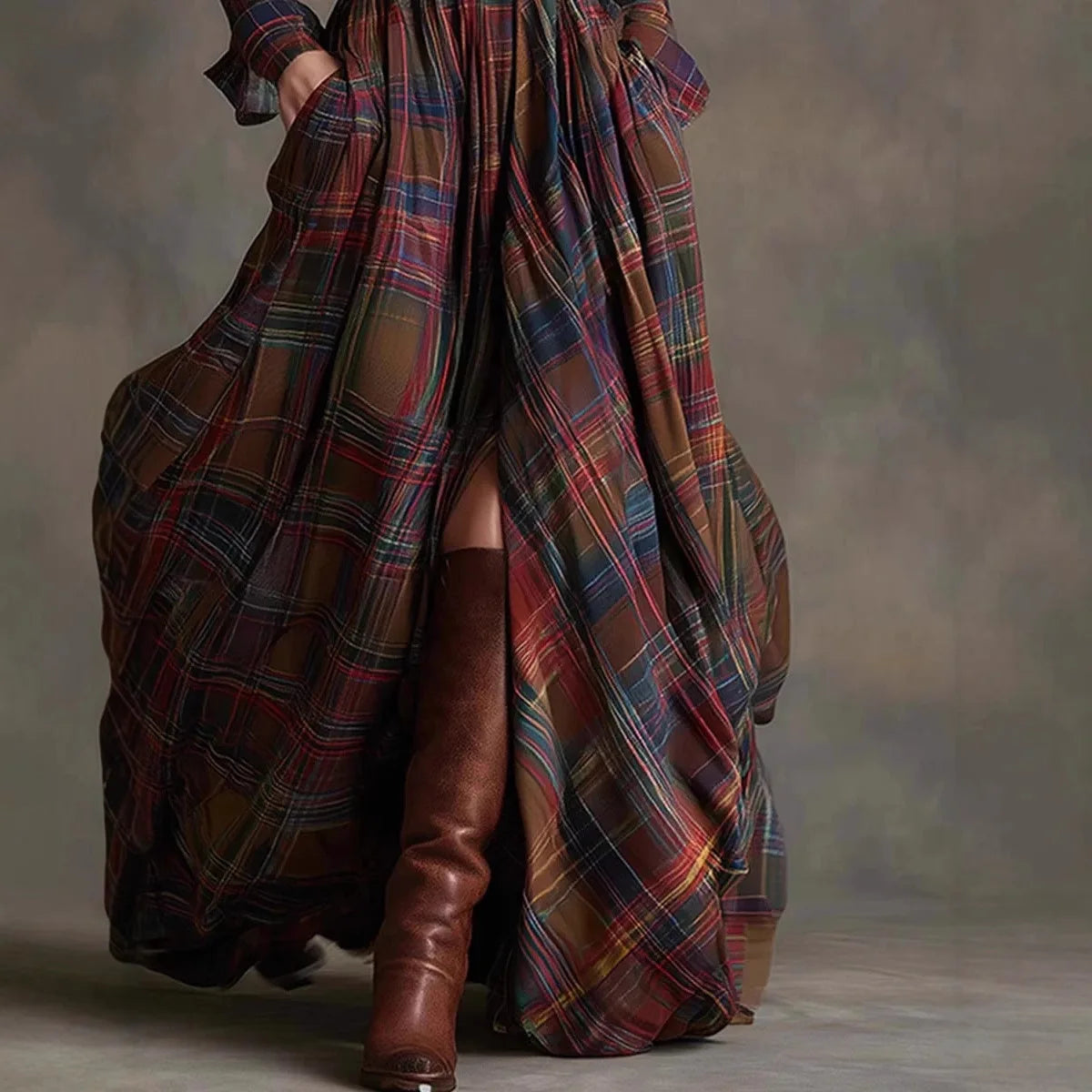 Maxi Dress – Plaid Print – Long Sleeve – Button Pocket – Polyester | KIMLUD