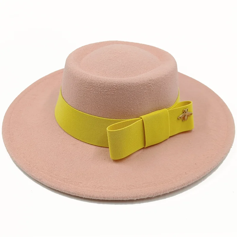 Wholesale Fedora hats Winter round concave convex surface flat top bow elastic ribbon men&#39;s and women&#39;s felt jazz hats Fedora - KIMLUD