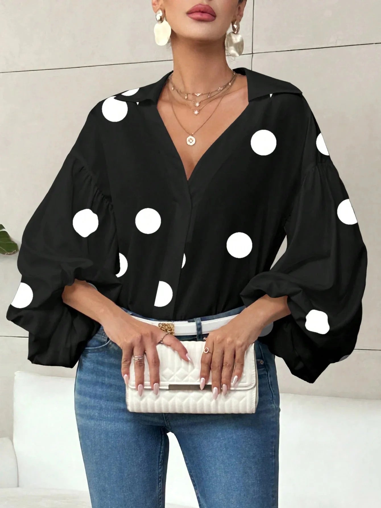 Boho Puff Sleeve Polka Dot Blouse — White | KIMLUD