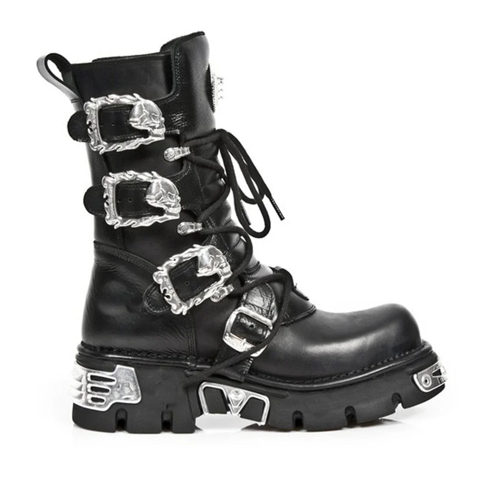 Genuine Leather Motorcycle Boots Goth Skull Embellishment With Metal Hardware — Black | KIMLUD