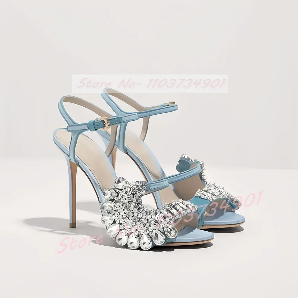 Crystal Flower Open Toe Ankle Strap High Heels — As Picture | KIMLUD