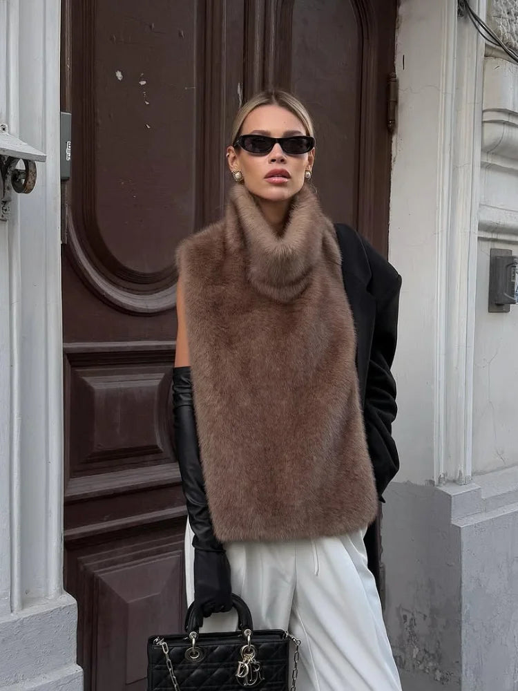 Elegant Fur Patchwork Woolen Coat Women Chic Full Sleeve V-neck Lace Up Loose Long Overcoat 2025 Lady Winter Commute Outwear