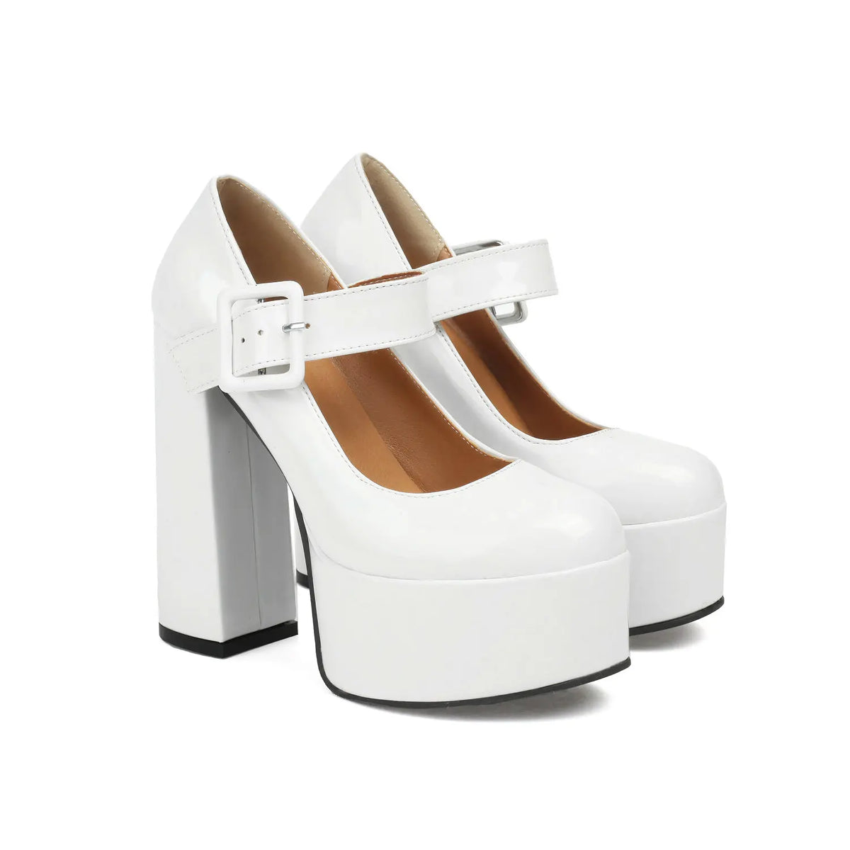 Mary Jane Platform Pumps – Buckle Strap – PU – Red | KIMLUD