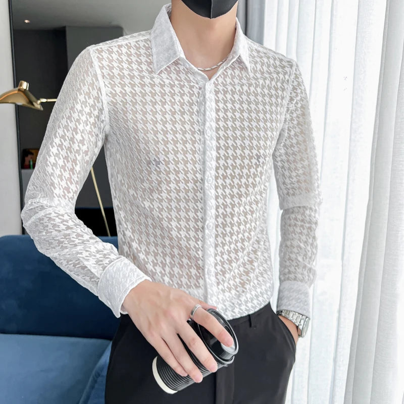 Mesh Transparent Long Sleeve Shirt Plaid Print, See-Through Mesh Texture, Sleek Slim Fit — Black | KIMLUD