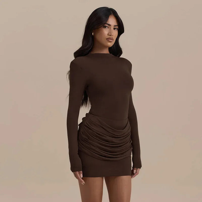 Polyester Pleated Stretch Long Sleeve Dress Gathered Hip Silhouette — Jet Black | KIMLUD