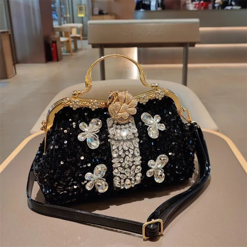 Leather Crystal Sequin Buckle Handbag — Black | KIMLUD