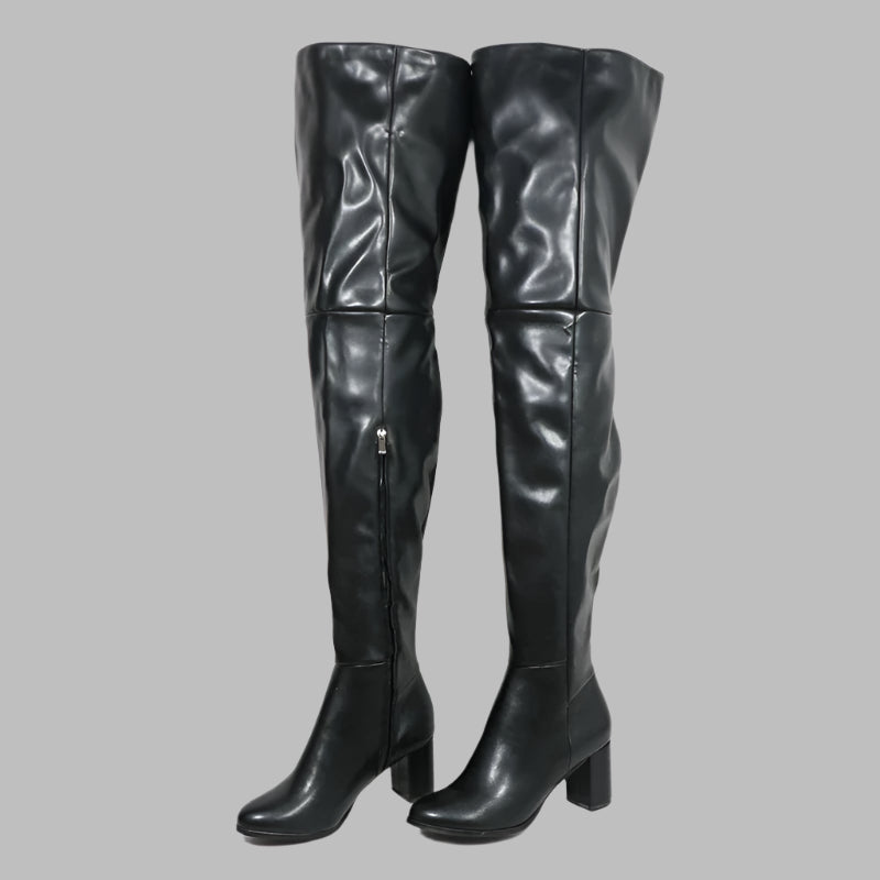 Sorbern Black Matte Block Square Heels Boots For Women Unisex Style Round Toe Mid Thigh High Half Zipper Long Boots Custom