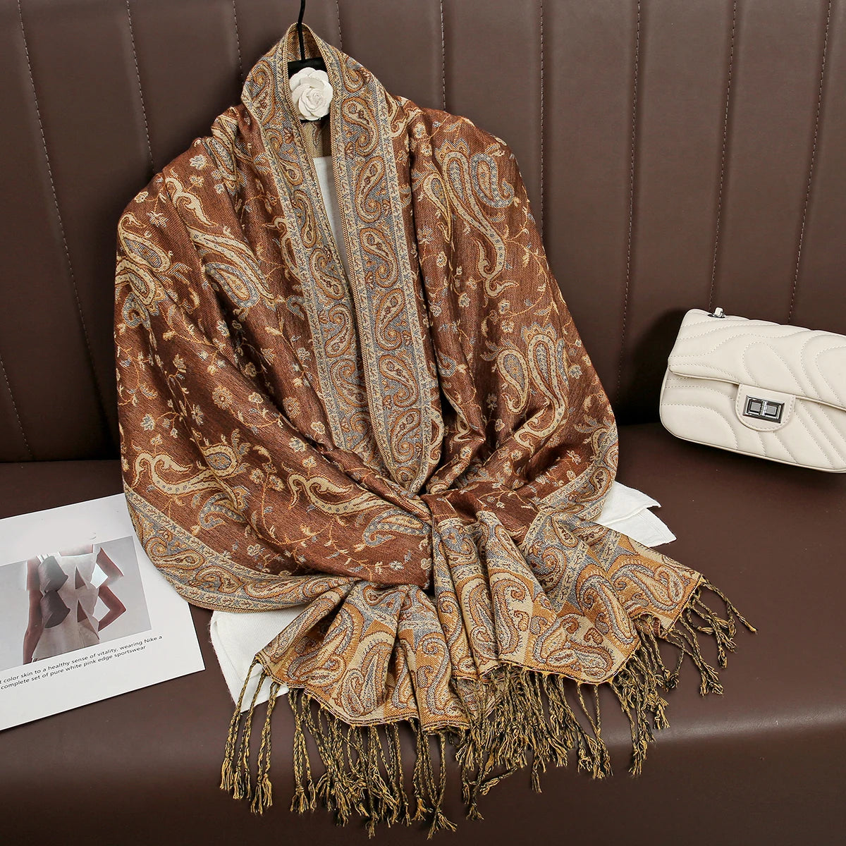 Cashmere Pashmina Shawl With Autumn Print Design, Olive Accents And Gold-Toned Fringe — Red | KIMLUD