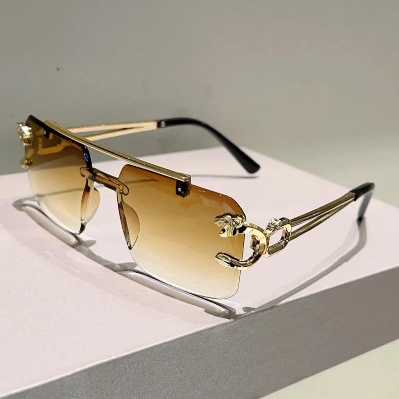 Rimless Sunglasses Square With Gradient Brown-To-Amber Lenses And Adjustable Nose Pads — Black | KIMLUD