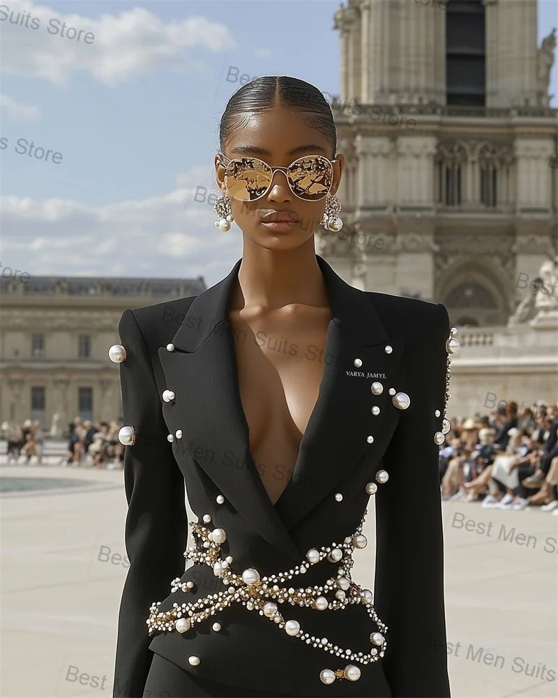 Blazer – Pearls And Crystals Shine – Jersey Fabric | KIMLUD