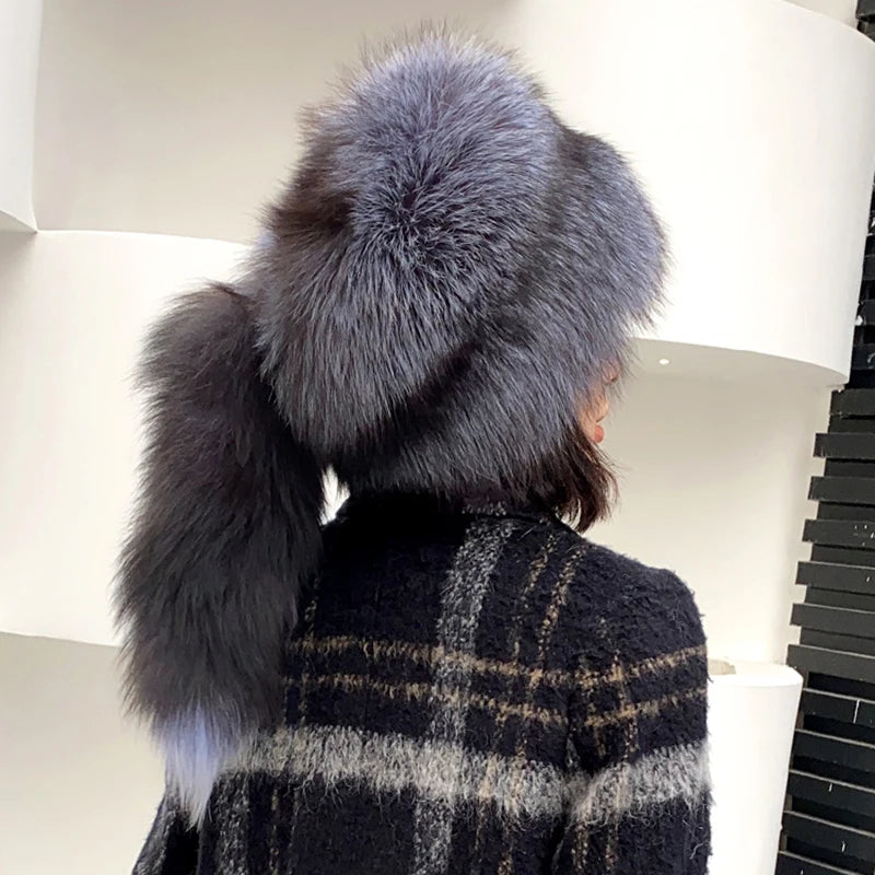 Fox Fur Ushanka Hat Fluffy Tail Cap — Natural | KIMLUD