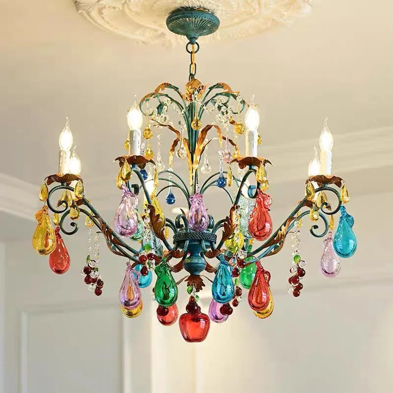 French Colorful Restaurant Chandelier Art Glass Lamp Romantic Bedroom Lamp Retro Colorful Candle Chandelier Crystal Lamp